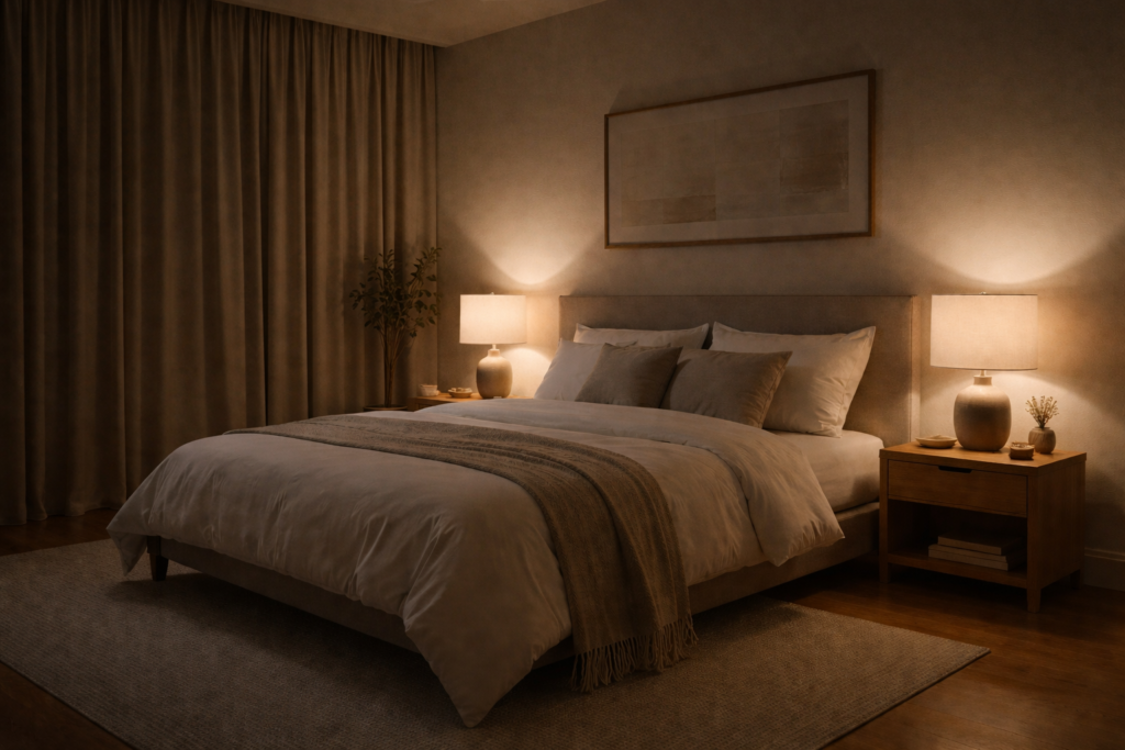 Bedroom setting representing the transition into sleep