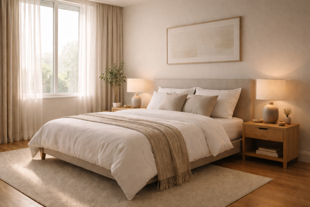 Peaceful bedroom in morning light representing consistent sleep patterns